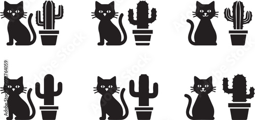 Cat sitting beside cactus black silhouette icon set, vector illustration