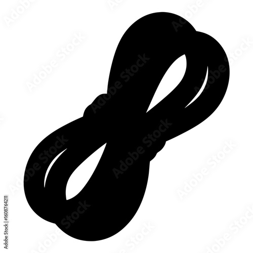 A tangled black rope, useful for climbing, sailing, and various knots.