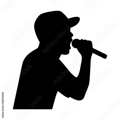 Silhouette of a man wearing cap holding a microphone singing passionately