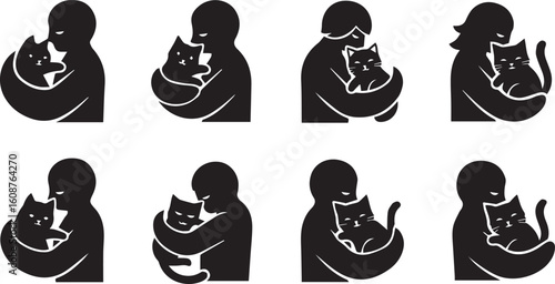 Cat cuddled in arms black silhouette icon set, vector illustration