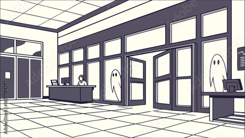 Cartoon illustration of a building lobby with a receptionist and two ghosts near the entrance doors