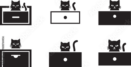 Cat hiding in drawer black silhouette icon set, vector illustration
