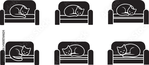 Cat curled up on couch black silhouette icon set, vector illustration