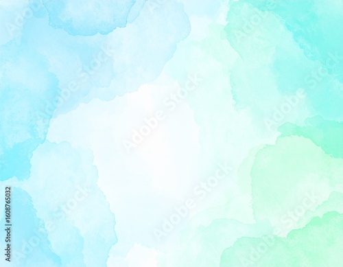 Soft watercolor background in shades of light blue and green, abstract and elegant