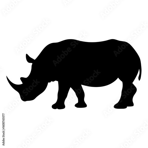 Black silhouette of rhinoceros on white background standing sideways illustration
