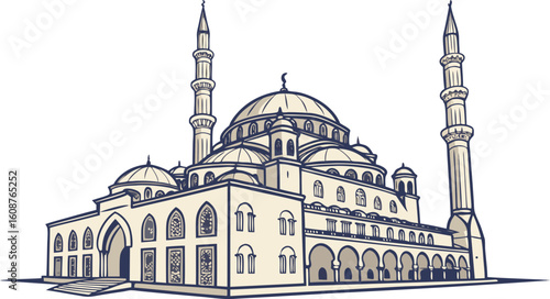 Elegant Islamic Mosque Vector Grand Domes and Majestic Minarets Illustration.