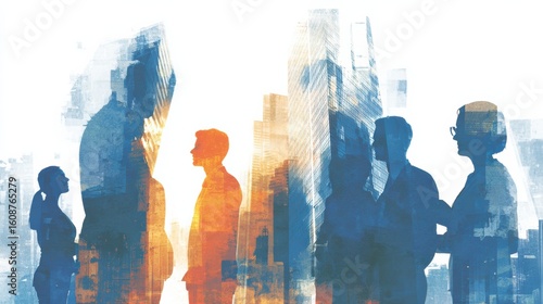 A creative representation of diverse professionals engaged in dialogue against an urban backdrop, symbolizing teamwork.