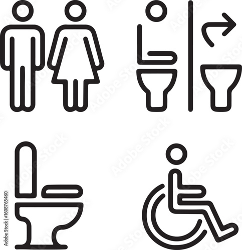 Toilet and Restroom Sign Icons Set with Male Female Changing Station Toilet and Handicap Accessibility Symbols in Black and White Outline Design for Public Spaces