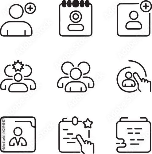 Set of vector line icons representing user management including adding users user groups calendar appointments and document management suitable for web or app design