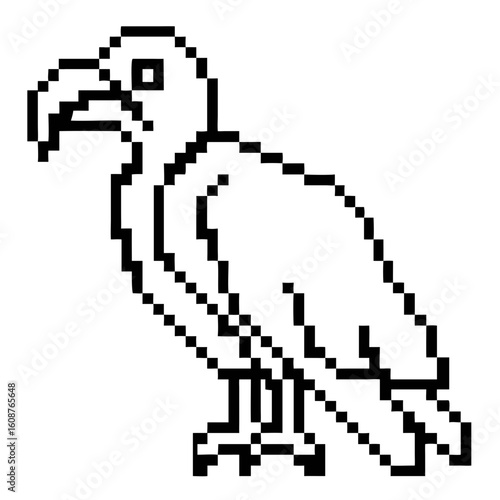 Pixel outline of a vulture perched on a branch in a simplistic style