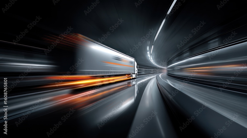 Fototapeta premium Fast truck in a dark tunnel