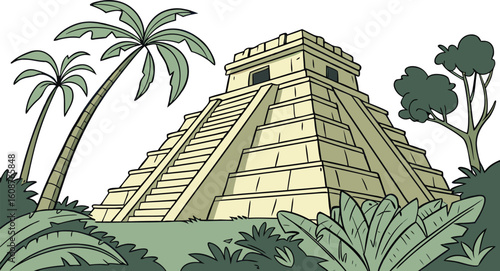 Journey to a lost world with this vibrant depiction of a Mayan pyramid nestled amidst a dense tropical jungle and swaying palm trees.