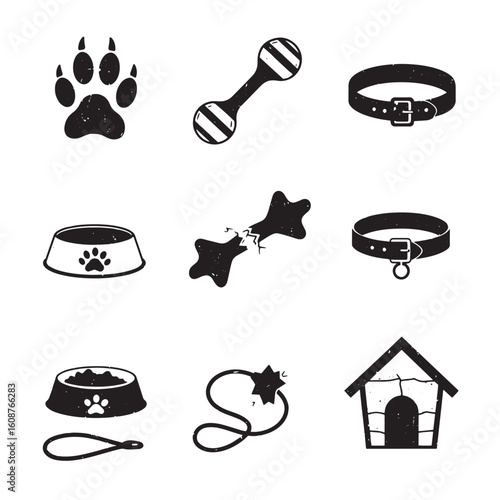 Illustrated collection of black and white dog accessories and pet care icons