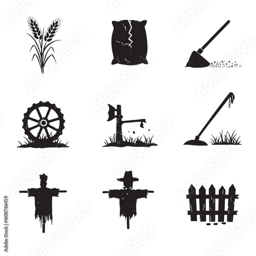 Monochrome hand drawn farm elements depicting rural agriculture and harvesting activities