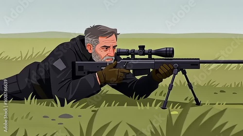 An experienced marksman in tactical gear lying prone in a grassy field, aiming a sniper rifle at a distant target