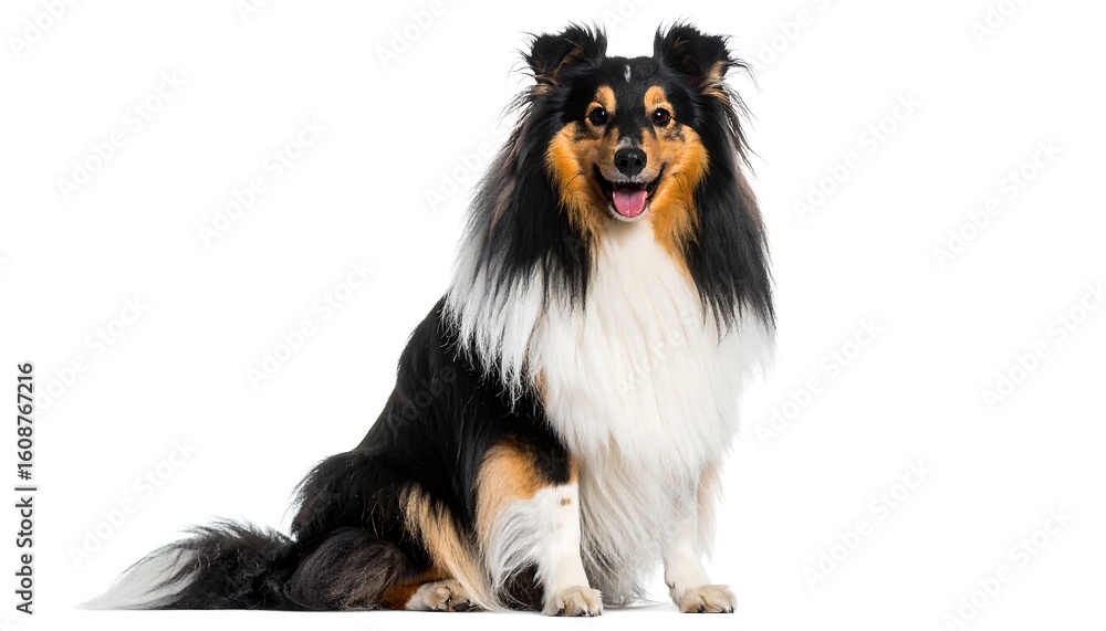 A tri-color Shetland Sheepdog sits against a white background A tri-color Shetland Sheepdog sits against a white background