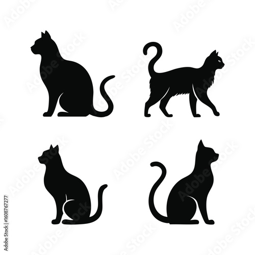 Collection of Four Black Cat Silhouettes in Different Poses Showing Graceful Feline Forms