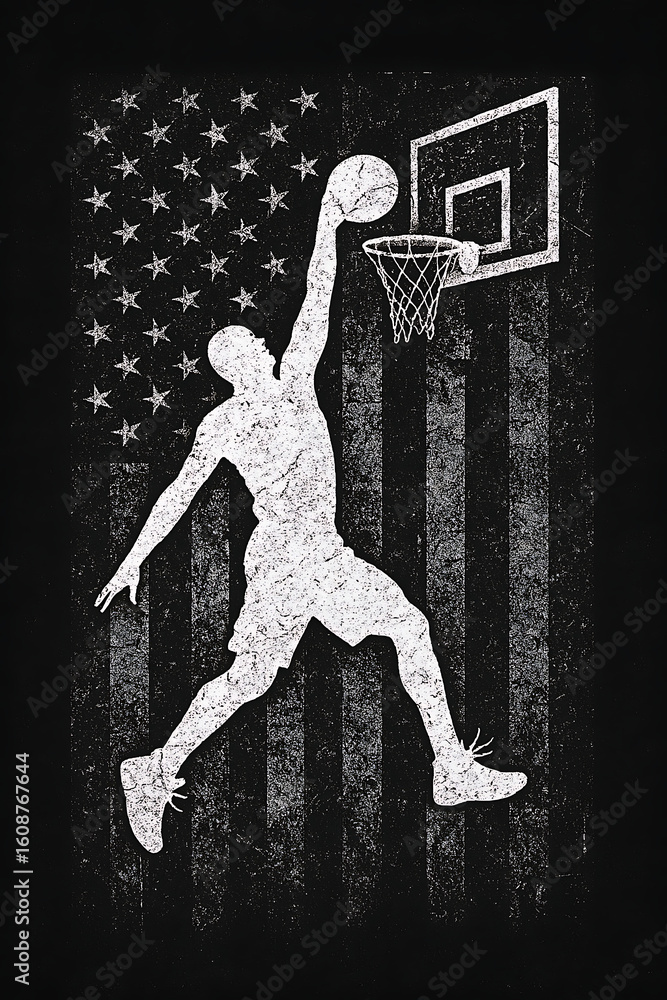 Obraz premium Silhouette of a basketball player dunking against an american flag background