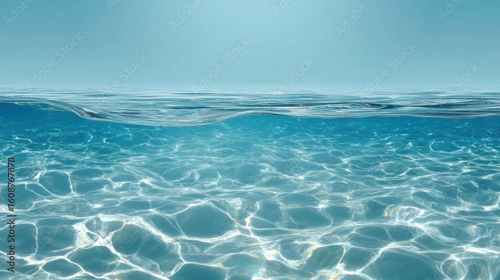 Fototapeta premium A serene view of clear ocean water with gentle waves under a bright blue sky, evoking tranquility and peace.