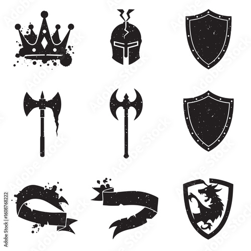 Vintage medieval weaponry and heraldry elements with crown helmets axes shields and ribbons