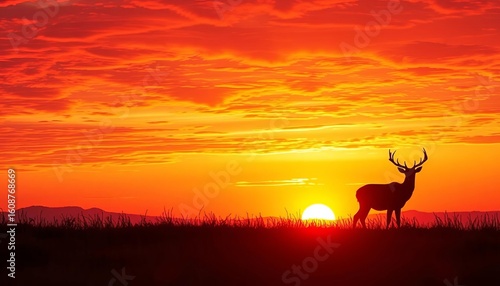Majestic deer silhouetted against a vibrant sunset sky, scenic, forest