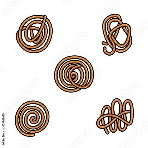 Vector illustration of Jalebi, a popular Indian sweet snack. Crispy, deep-fried spirals soaked in sugar syrup, drawn in cartoon style. Traditional Indian dessert with twisted and coiled shapes. Transp