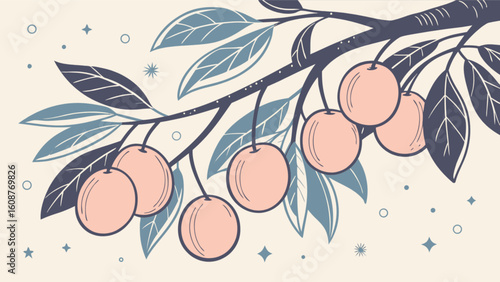 Illustration of a peach tree branch with ripe peaches and leaves in pastel colors art design