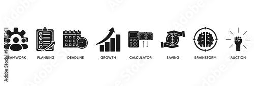 Business planning icon set vector illustration concept relate to  teamwork, planning, deadline, growth, calculator, saving, brainstrom, auction