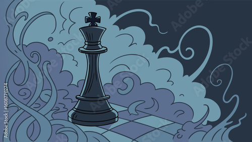 Illustration of chess king piece on chessboard with abstract cloud and smoke design background art