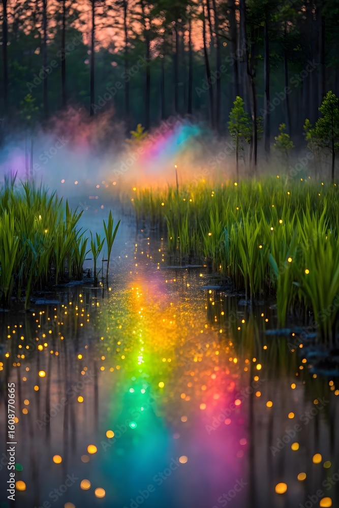 Obraz premium Magical rainbow mist over a serene forest stream at dusk