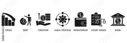 Bankruptcy icon set vector illustration concept relate to  crisis, debt, creditor, legal process, moratorium, court order, and bank