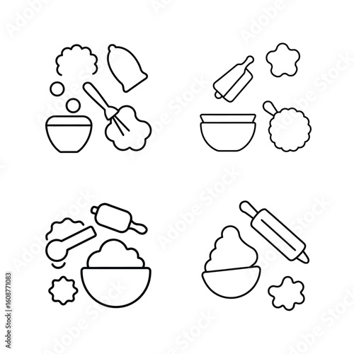 Christmas line art set of a festive baking scene with cookies, cutters, and tools Vector illustration