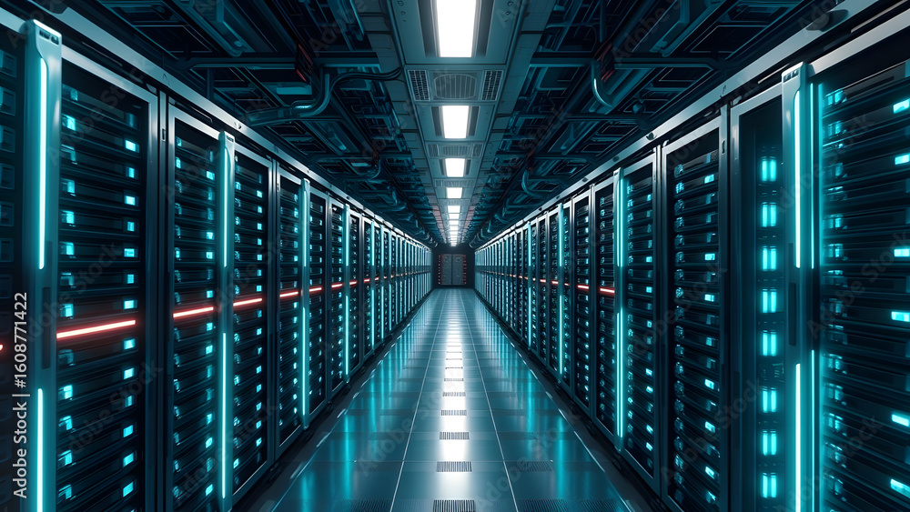 Fototapeta premium A mesmerizing wide shot of a modern data center with glowing blue server racks and a central aisle.