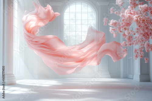 Maternity backdrop, wedding backdrop, photography background with delicate flowers and flying flowy fabric.