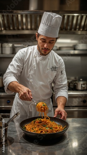 A chef in a kitchen preparing spaghetti with a tomato based sauce and adding some fresh herbs on top