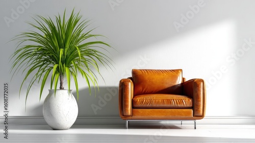 An elegant reception area featuring a single chair and a decorative plant against a clean white wall.