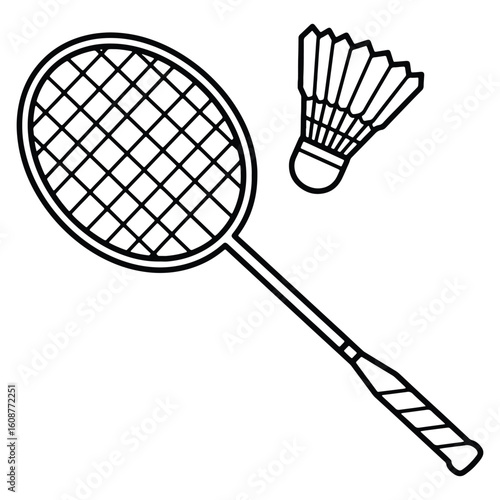 Badminton racket and shuttlecock icon in black and white sports related vector illustration