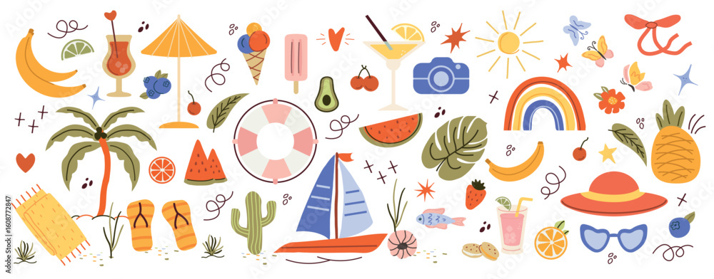 Fototapeta premium trendy, tropical fruits, dessert, summer element. naive, summer set, isolated shapes on a white background. minimalist, childish, naive style. for print, banner, social network, businesses. art vector