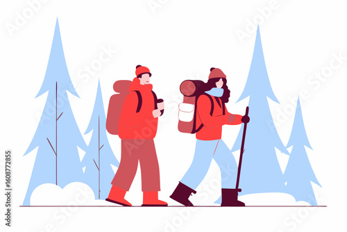 Para wędrująca zimą po górach. Koncepcja trekkingu, aktywnego wypoczynku i podróży.