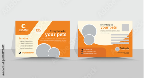 Pet Care Postcard Design, Print Templates ft. dogs and cats adoption social media post template with cute pets and animal .