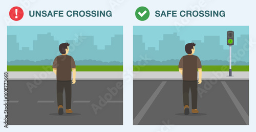 Safe driving tips and traffic regulation rules. Unsafe and safe road crossing. Back view of a jaywalking pedestrian. Flat vector illustration template.