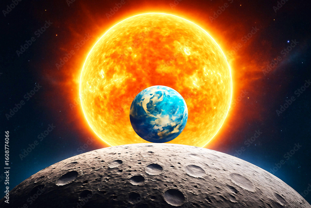 Obraz premium 太陽と地球と月