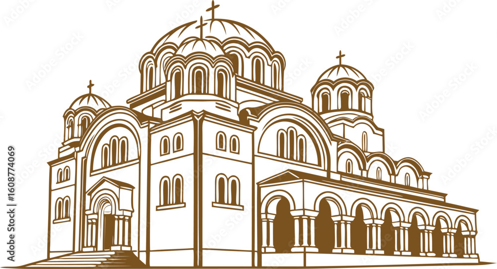Fototapeta premium Elegant line art showcases a magnificent Serbian Orthodox Church, featuring iconic domes and crosses, ideal for projects on faith, culture, and history.