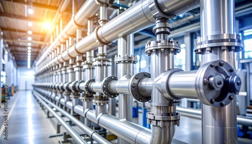 Industrial metal piping with valves and flanges, factory setting, complex fluid system