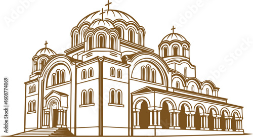 Elegant line art showcases a magnificent Serbian Orthodox Church, featuring iconic domes and crosses, ideal for projects on faith, culture, and history.