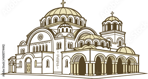 Elegant line art showcases a magnificent Serbian Orthodox Church, featuring iconic domes and crosses, ideal for projects on faith, culture, and history.