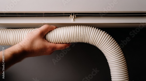 Hand adjusting condensate drain hose in hvac system maintenance scene