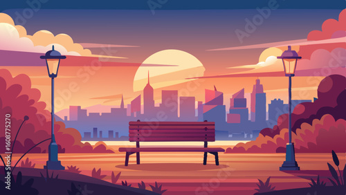 a peaceful scene of a city park at sunset