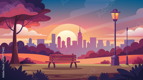 a peaceful scene of a city park at sunset