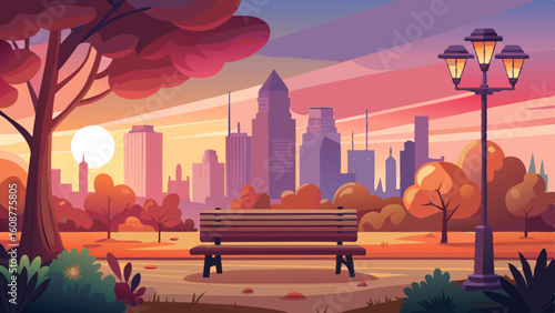 a peaceful scene of a city park at sunset